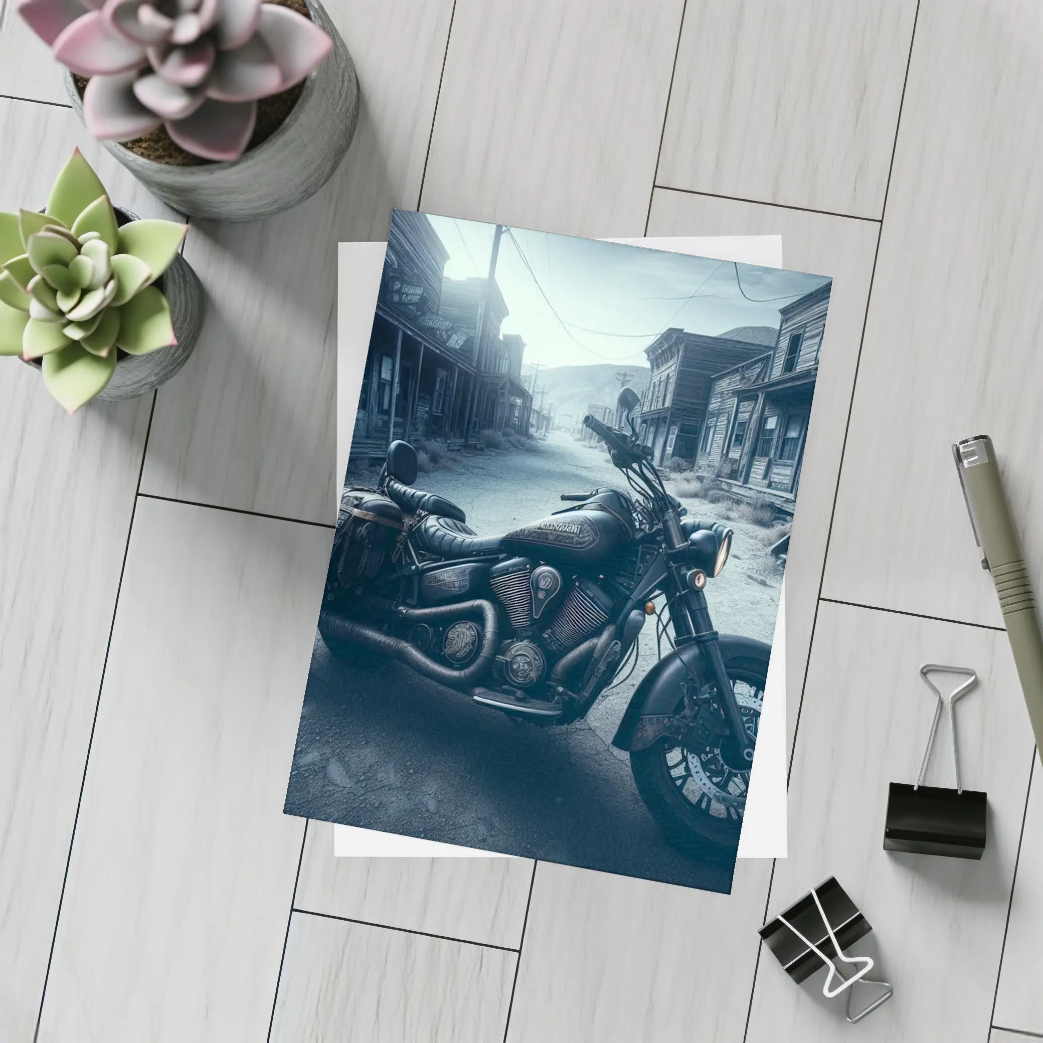 Black Cruiser Motorcycle Abandoned Ghost Town – Postcards