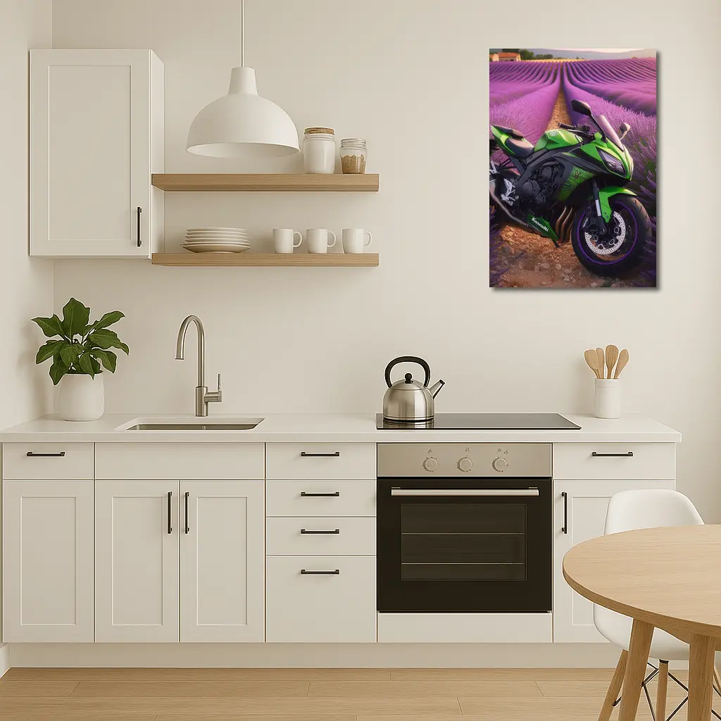 Kawasaki Green Sport Bike Lavender Fields – Wall Art