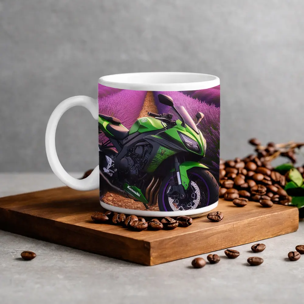 Kawasaki Green Sport Bike Lavender Fields – Mugs
