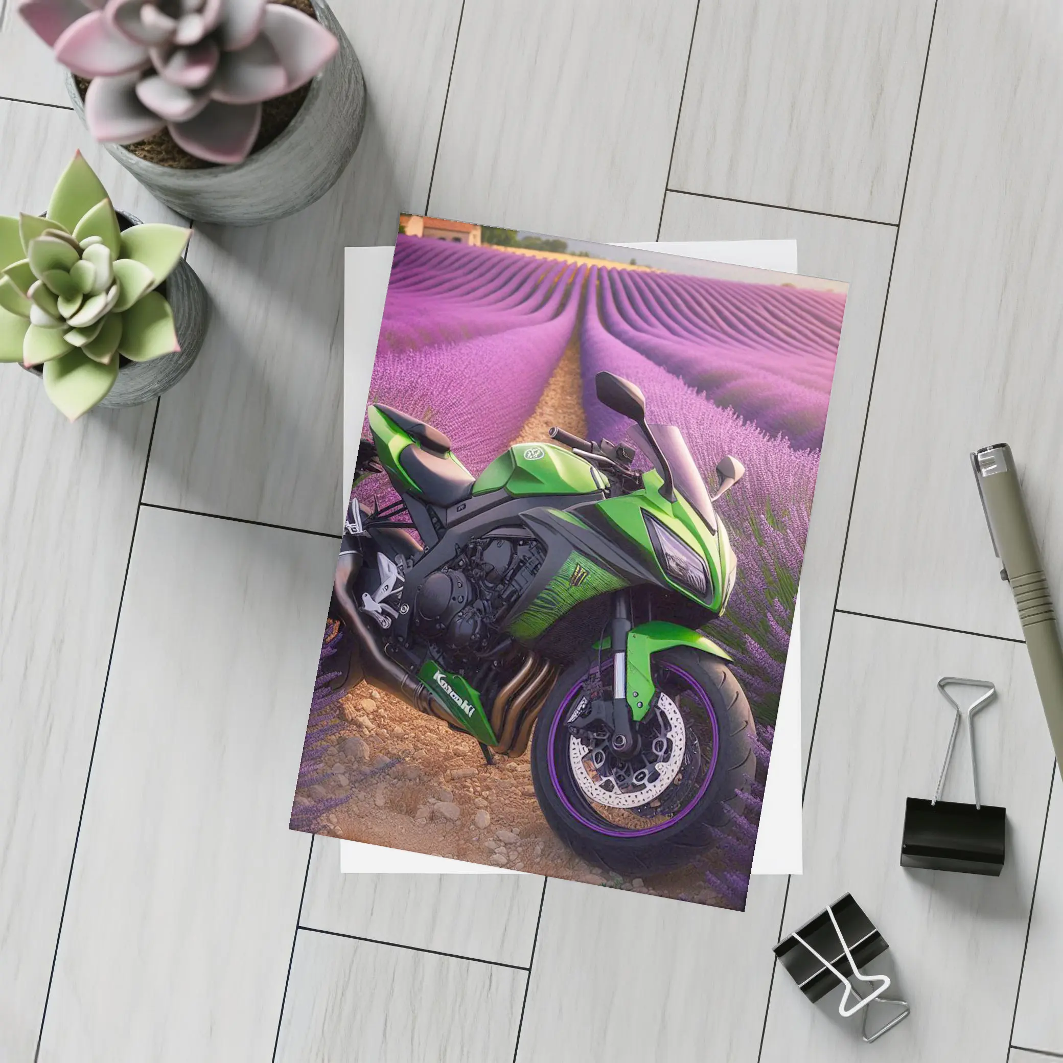 Kawasaki Green Sport Bike Lavender Fields – Postcards