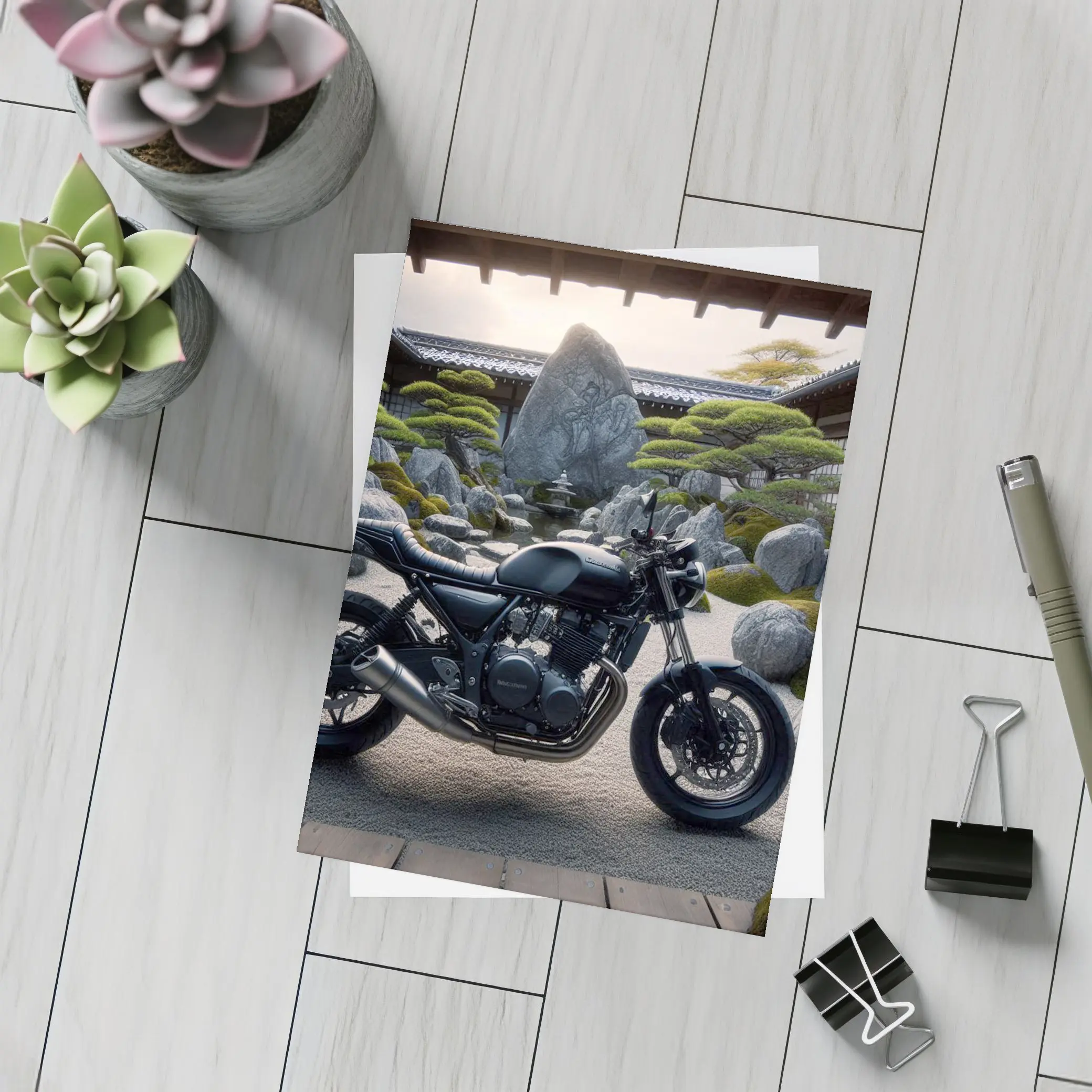 Black Kawasaki Cafe Racer Japanese Zen Garden – Postcards