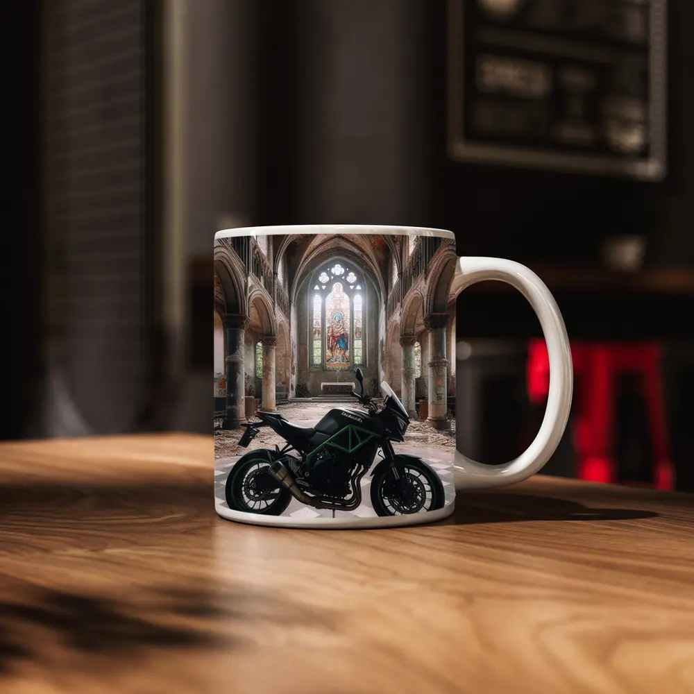 Kawasaki Naked Bike Abandoned Church Interior – Mugs