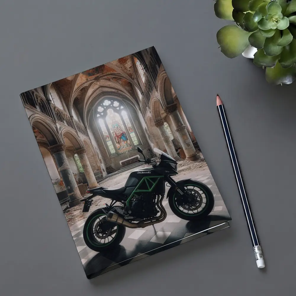 Kawasaki Naked Bike Abandoned Church Interior – Notebooks
