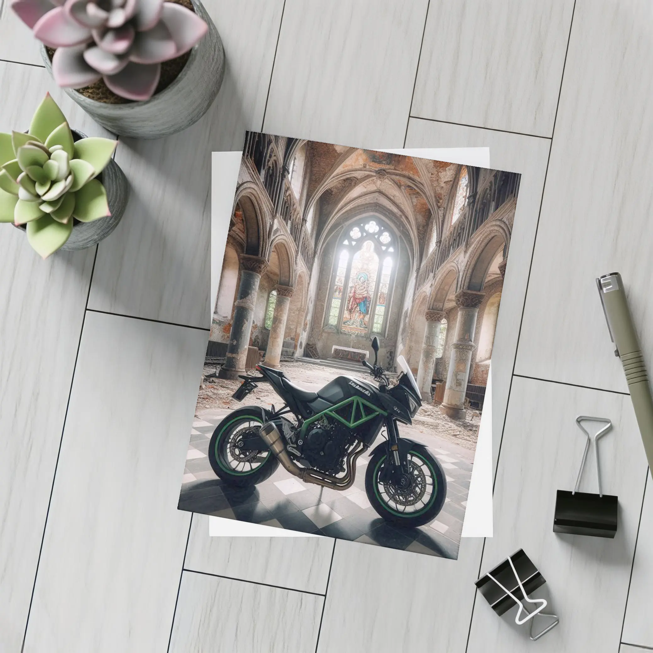 Kawasaki Naked Bike Abandoned Church Interior – Postcards