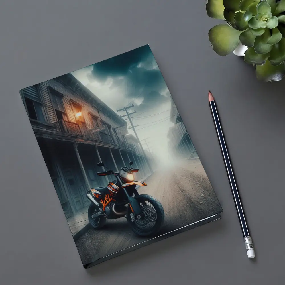 KTM Duke Motorcycle Misty Ghost Town Street – Notebooks
