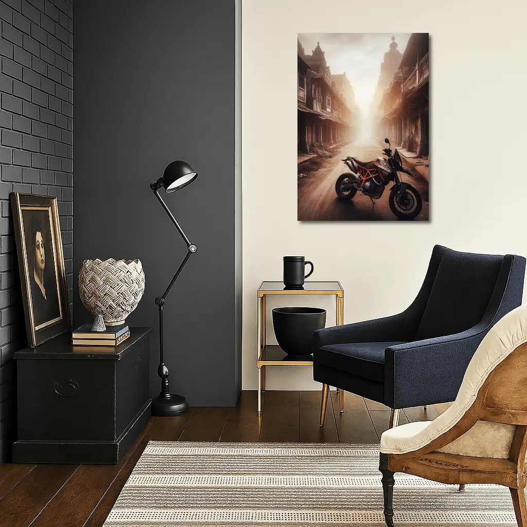 KTM Motorcycle Dusty Old Town Street – Wall Art