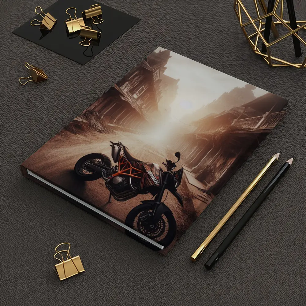 KTM Motorcycle Dusty Old Town Street – Notebooks