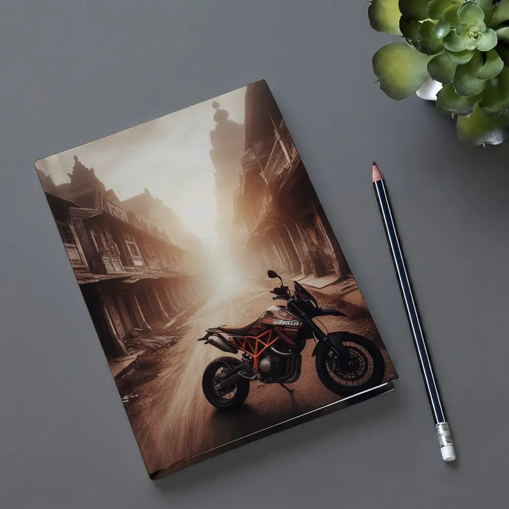 KTM Motorcycle Dusty Old Town Street – Notebooks