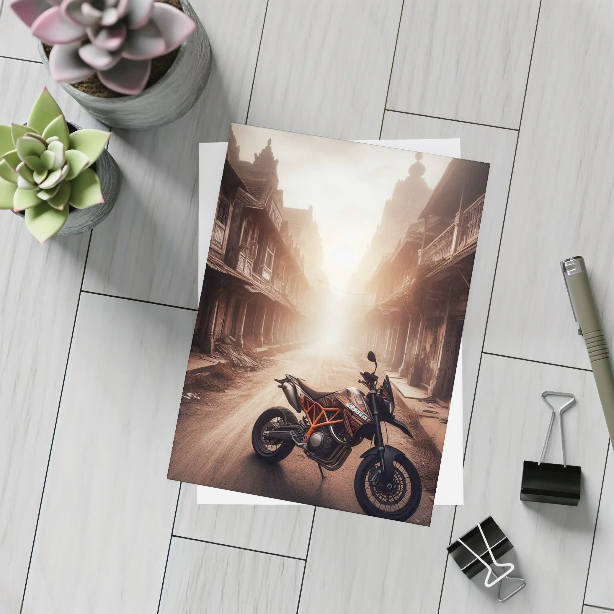 KTM Motorcycle Dusty Old Town Street – Postcards