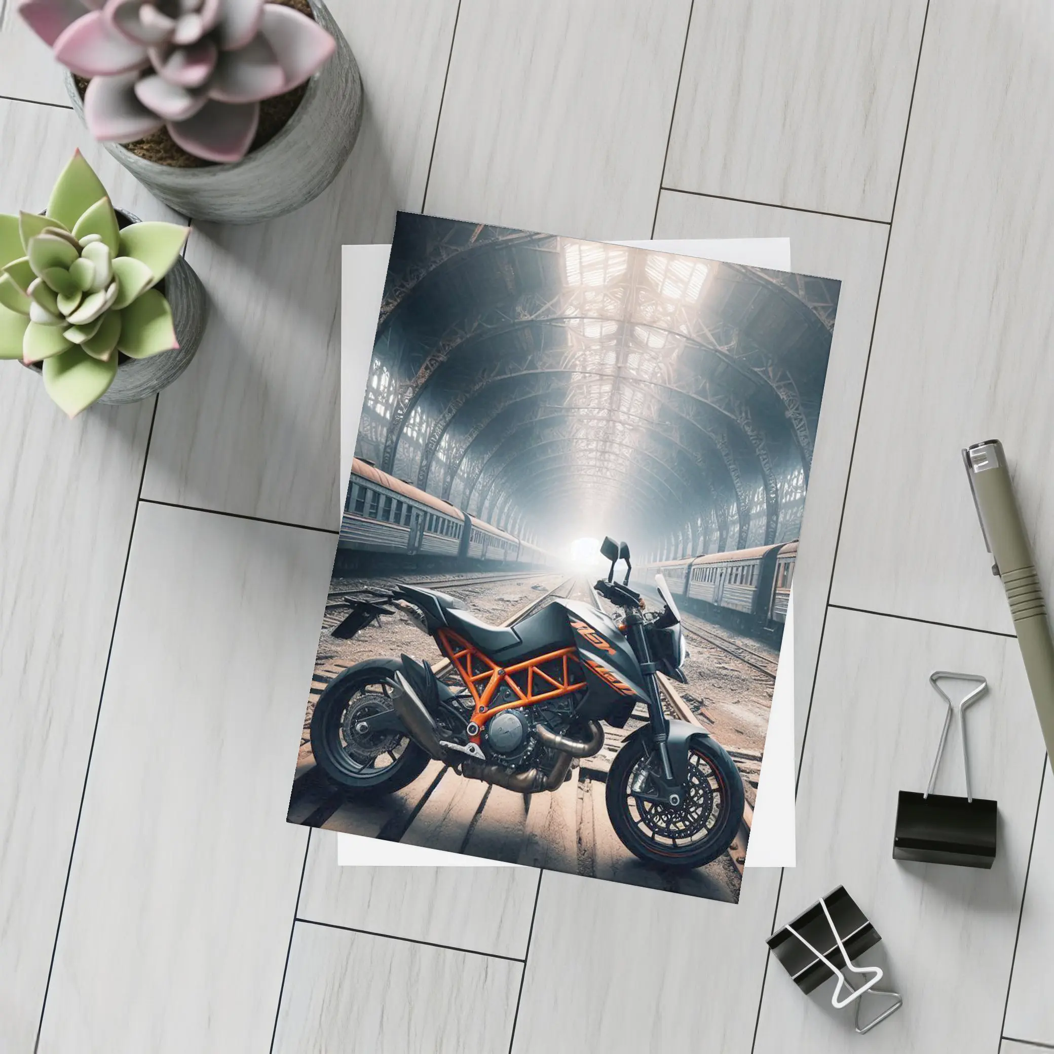 KTM Duke Motorcycle Abandoned Train Station – Postcards