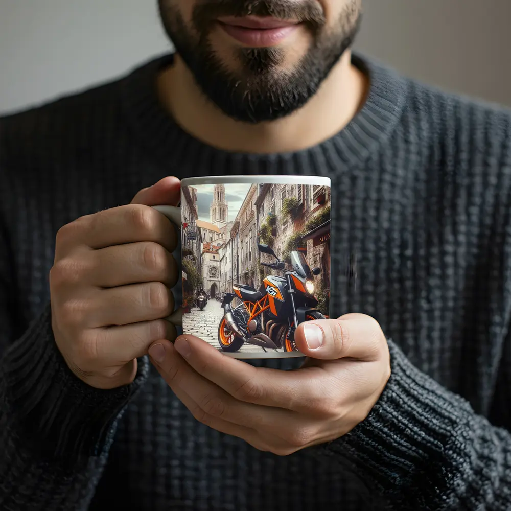 KTM Duke Motorcycle on European Cobblestone Street – Mugs