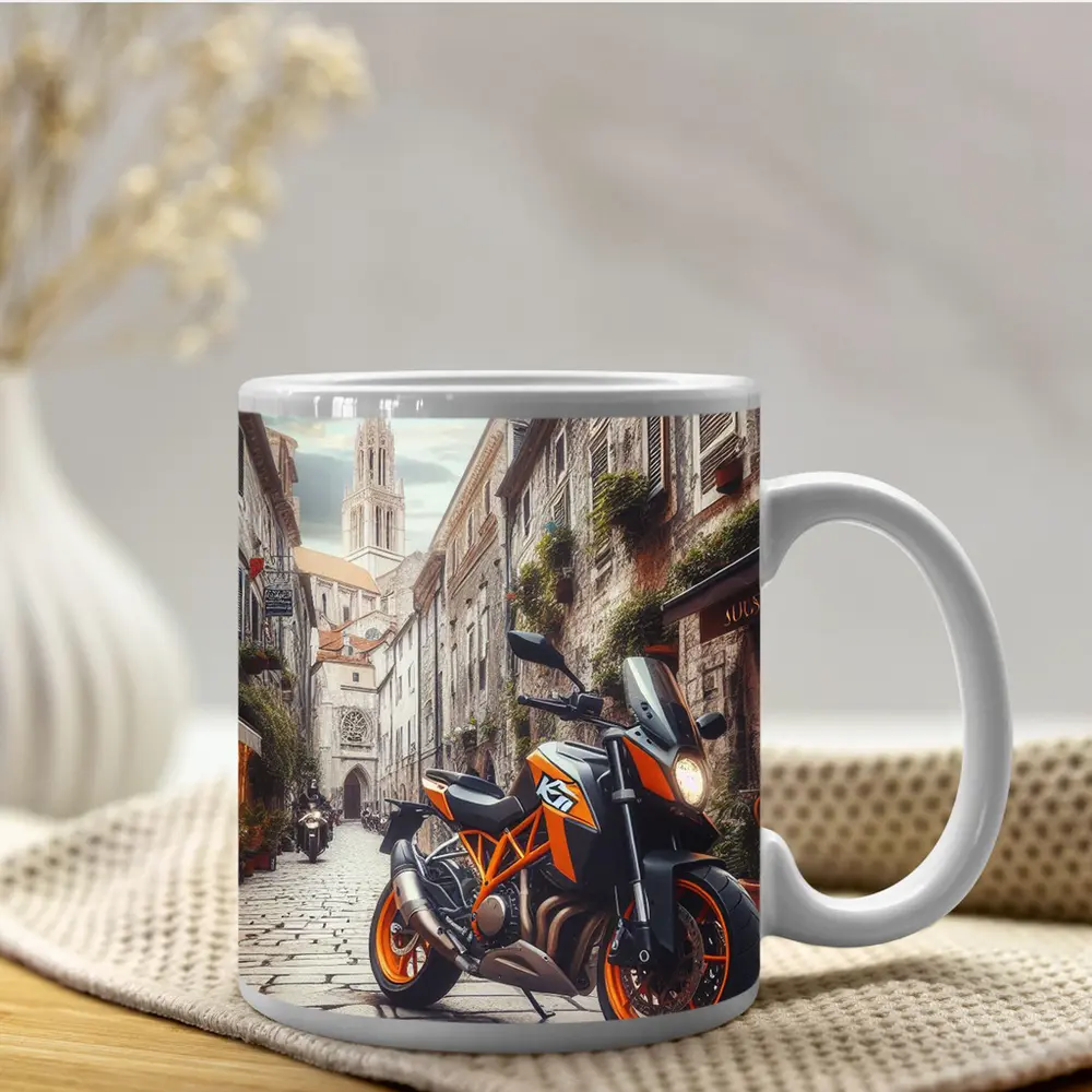 KTM Duke Motorcycle on European Cobblestone Street – Mugs
