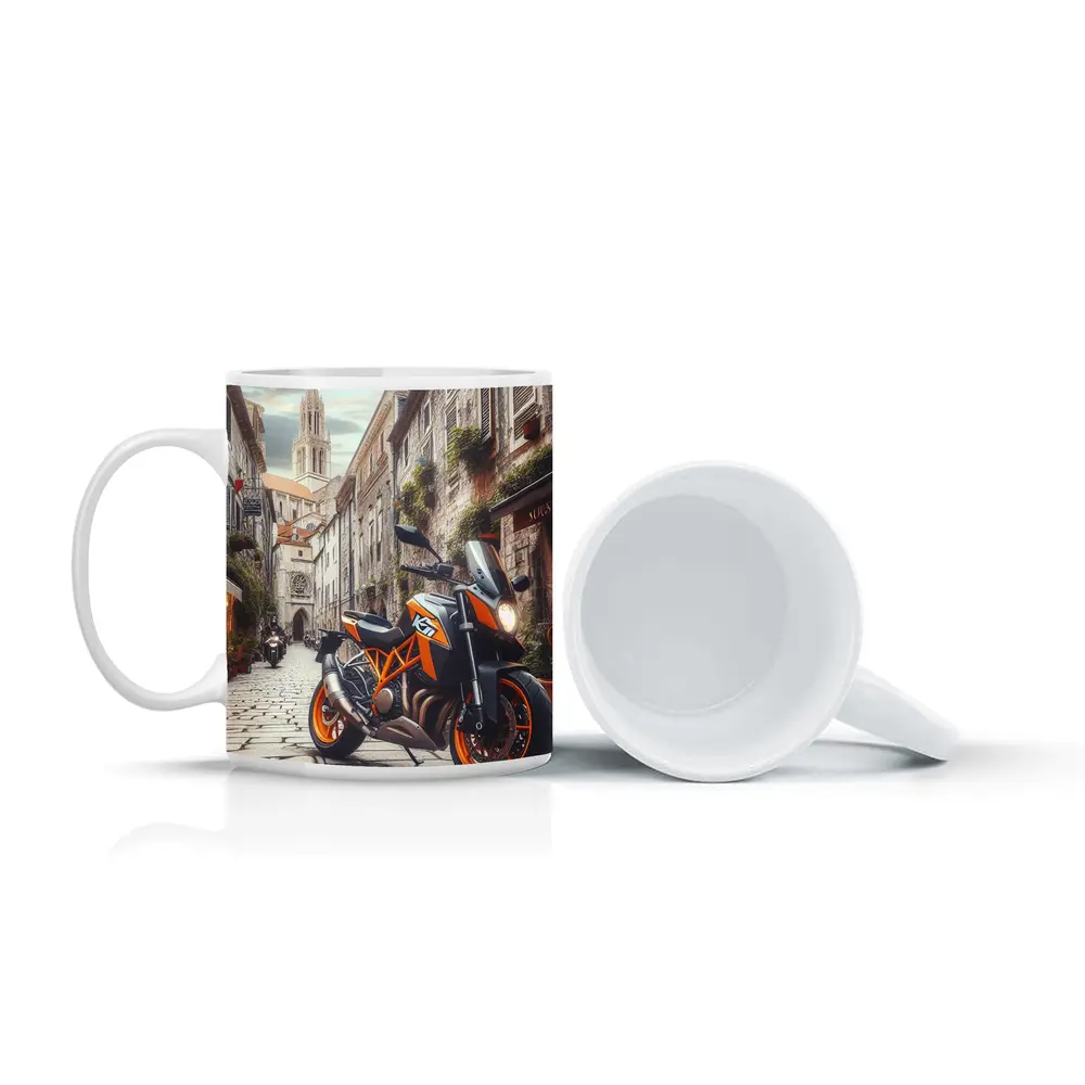 KTM Duke Motorcycle on European Cobblestone Street – Mugs