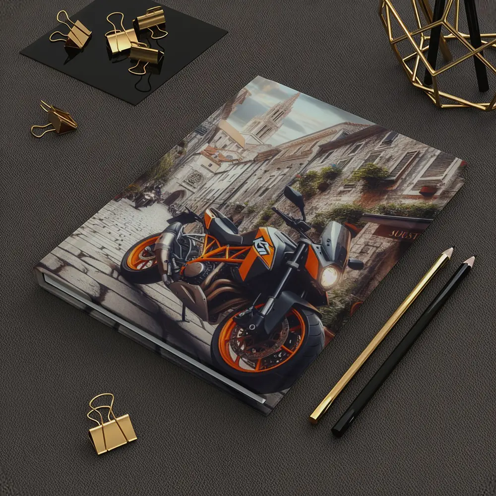 KTM Duke Motorcycle on European Cobblestone Street – Notebooks