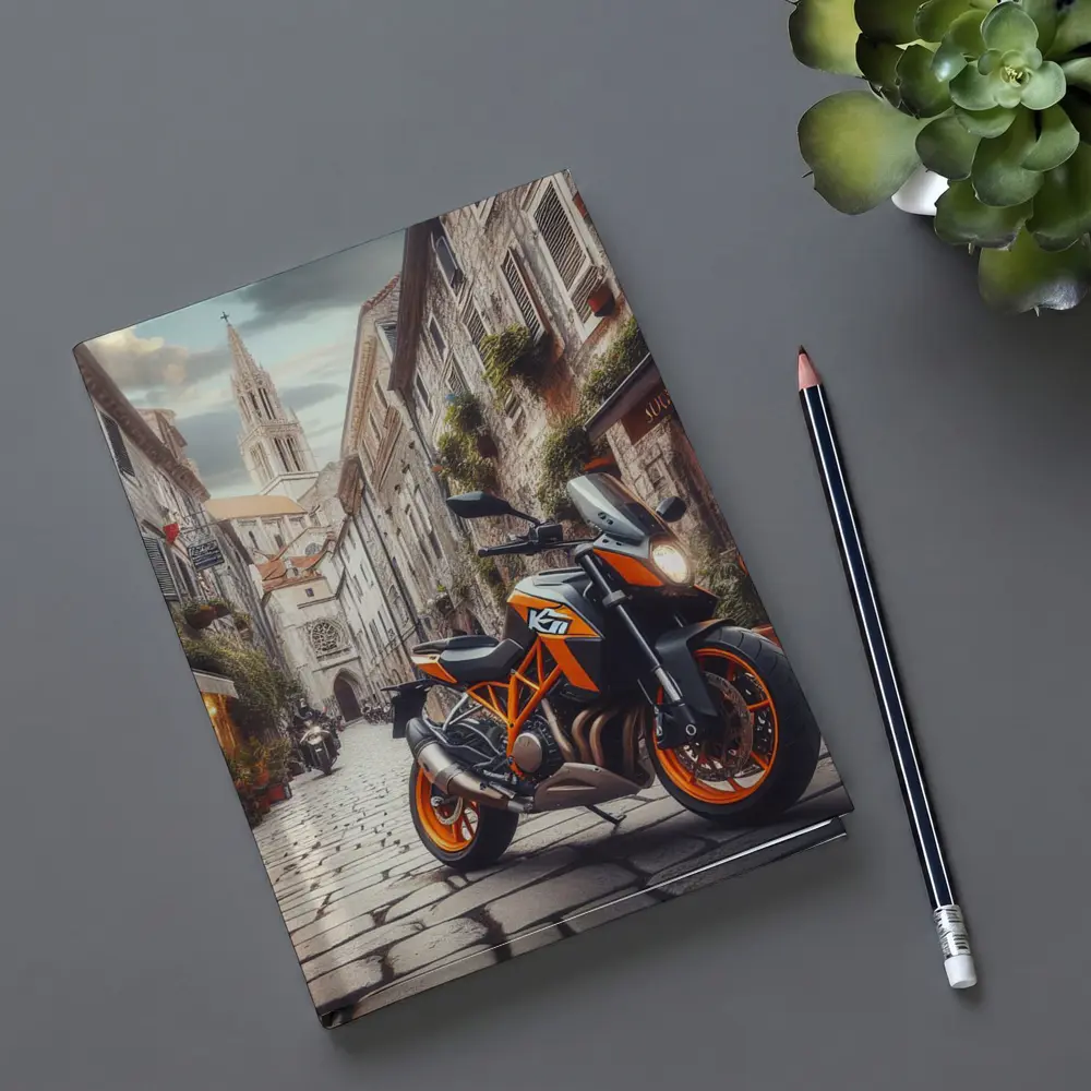KTM Duke Motorcycle on European Cobblestone Street – Notebooks