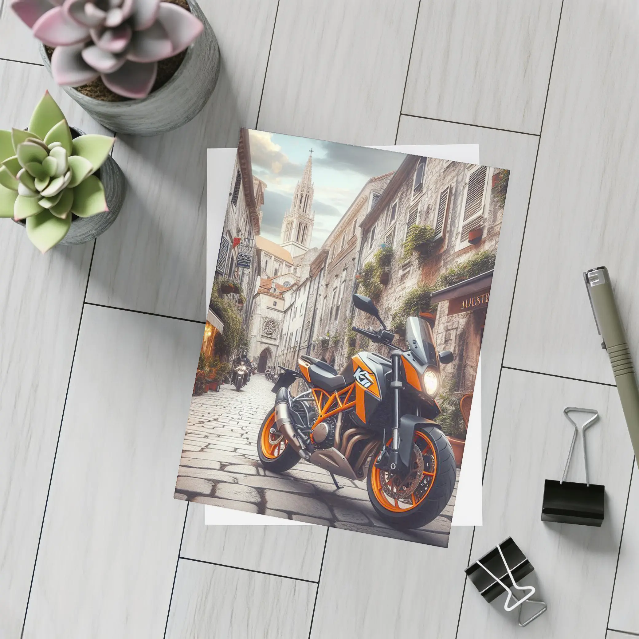 KTM Duke Motorcycle on European Cobblestone Street – Postcards