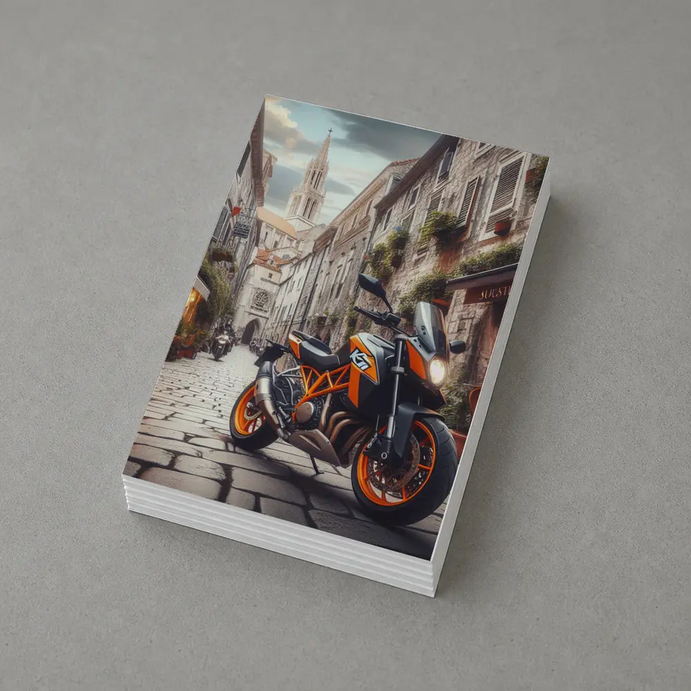 KTM Duke Motorcycle on European Cobblestone Street – Postcards