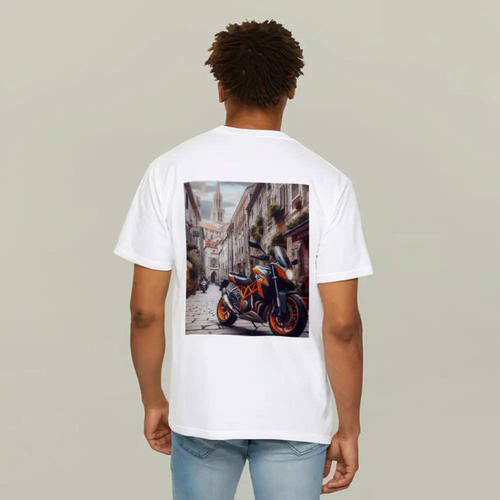 KTM Duke Motorcycle on European Cobblestone Street – T-Shirts
