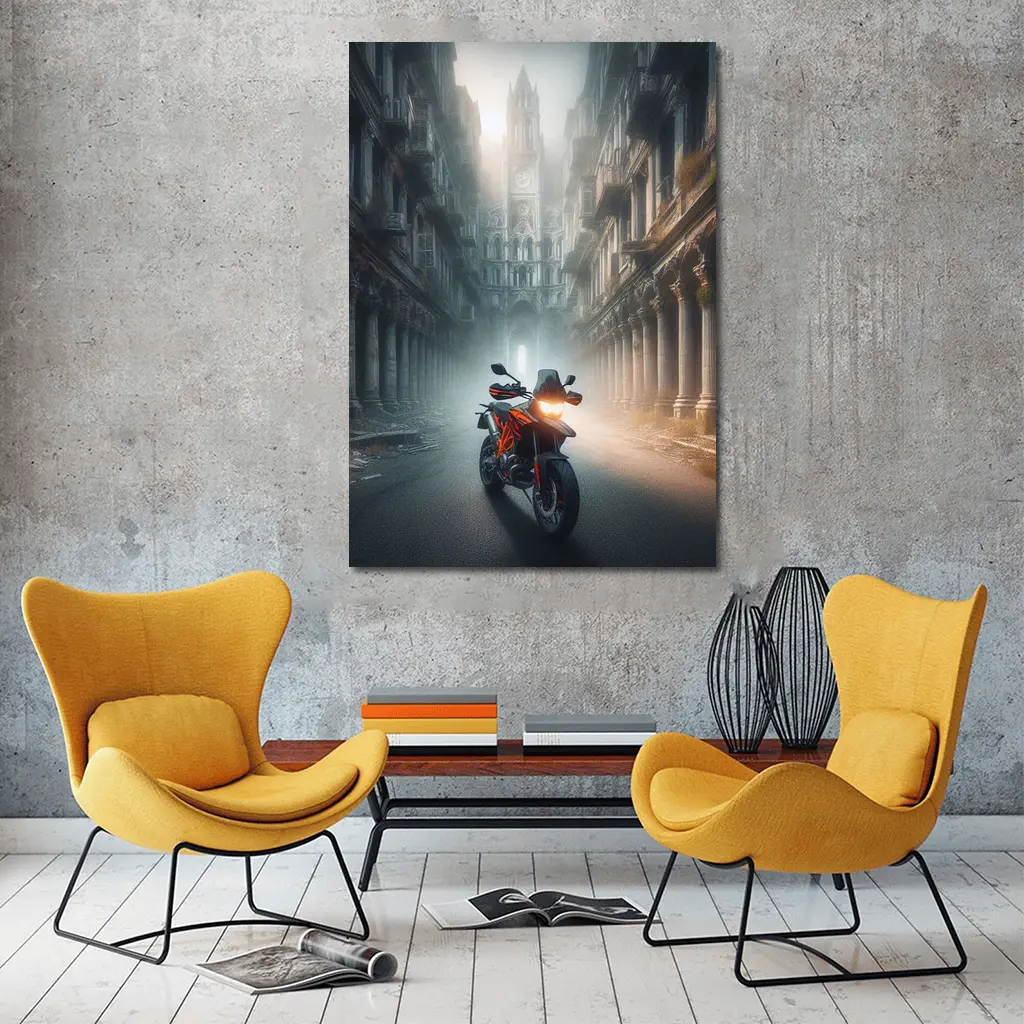 KTM Adventure Motorcycle Misty Gothic City Street – Wall Art
