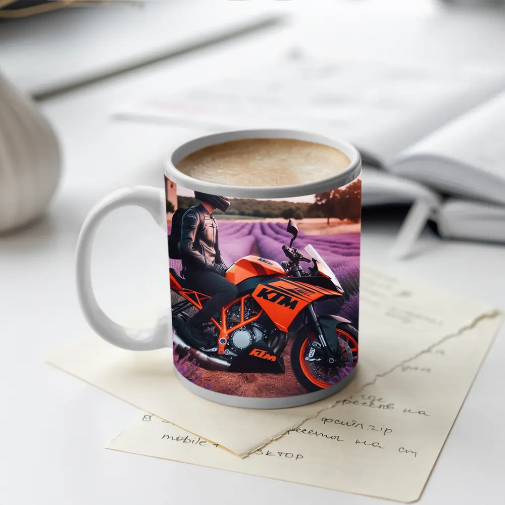 KTM Motorcycle Rider In Lavender Fields – Mugs
