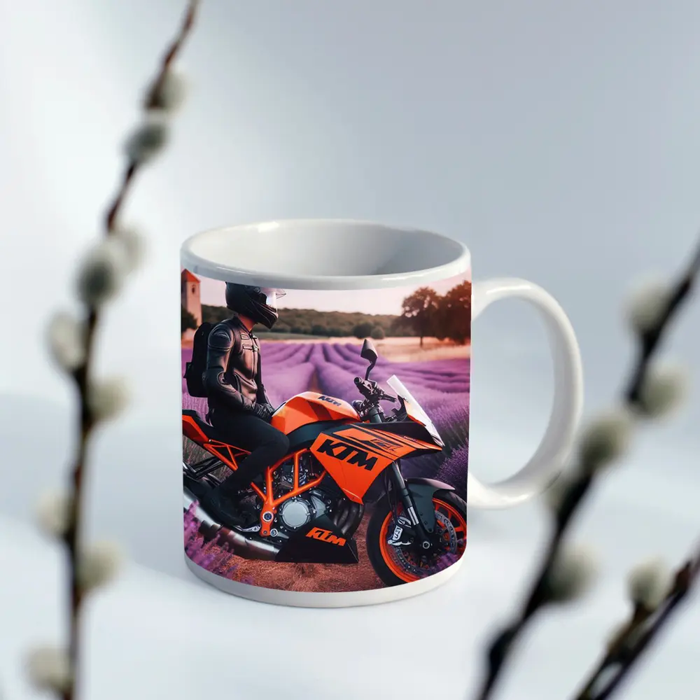 KTM Motorcycle Rider In Lavender Fields – Mugs