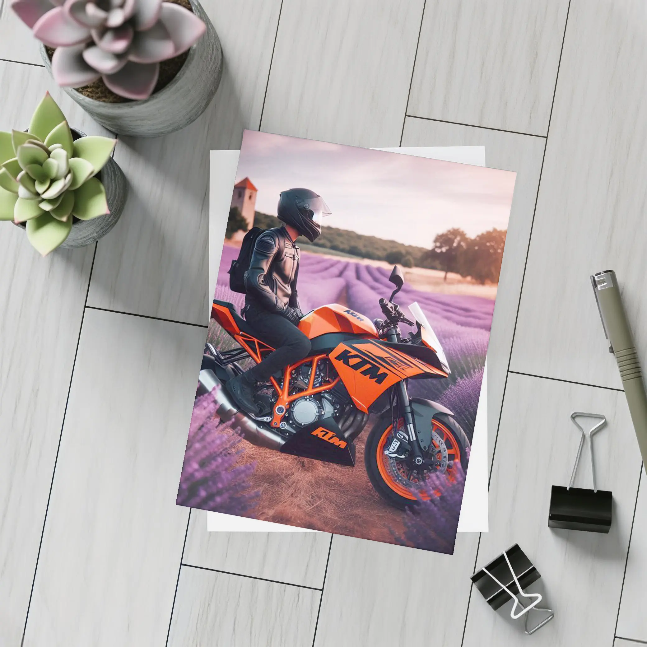 KTM Motorcycle Rider In Lavender Fields – Postcards