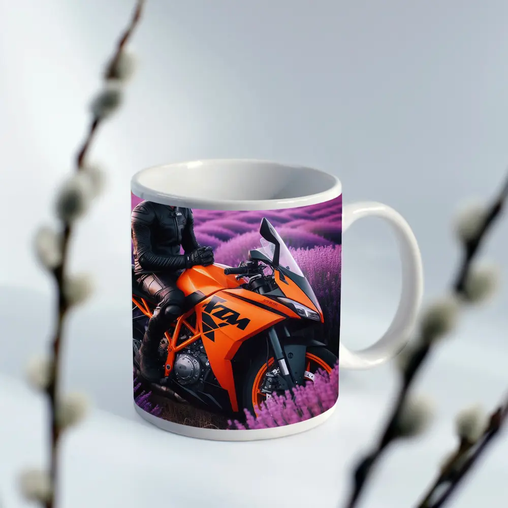 KTM Sport Bike Rider Lavender Field – Mugs