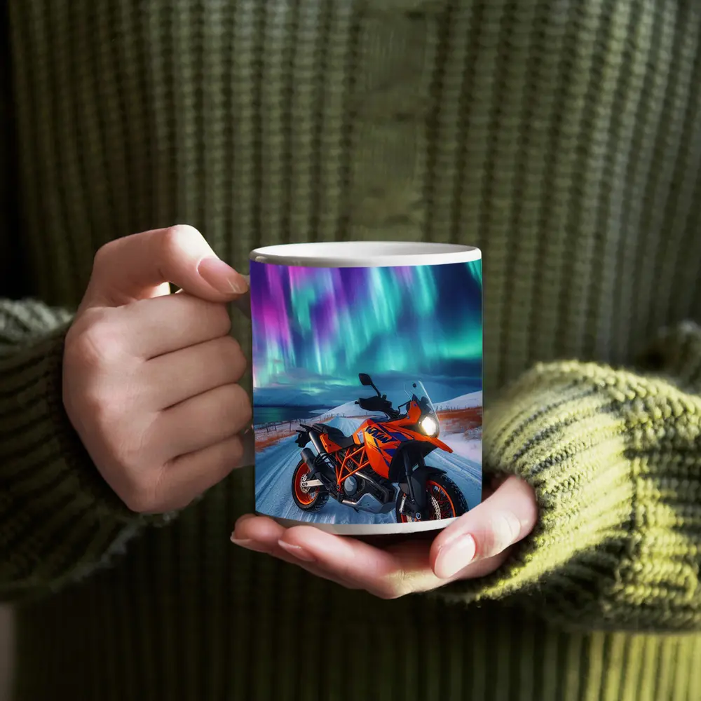 KTM Adventure Motorcycle Under Northern Lights – Mugs
