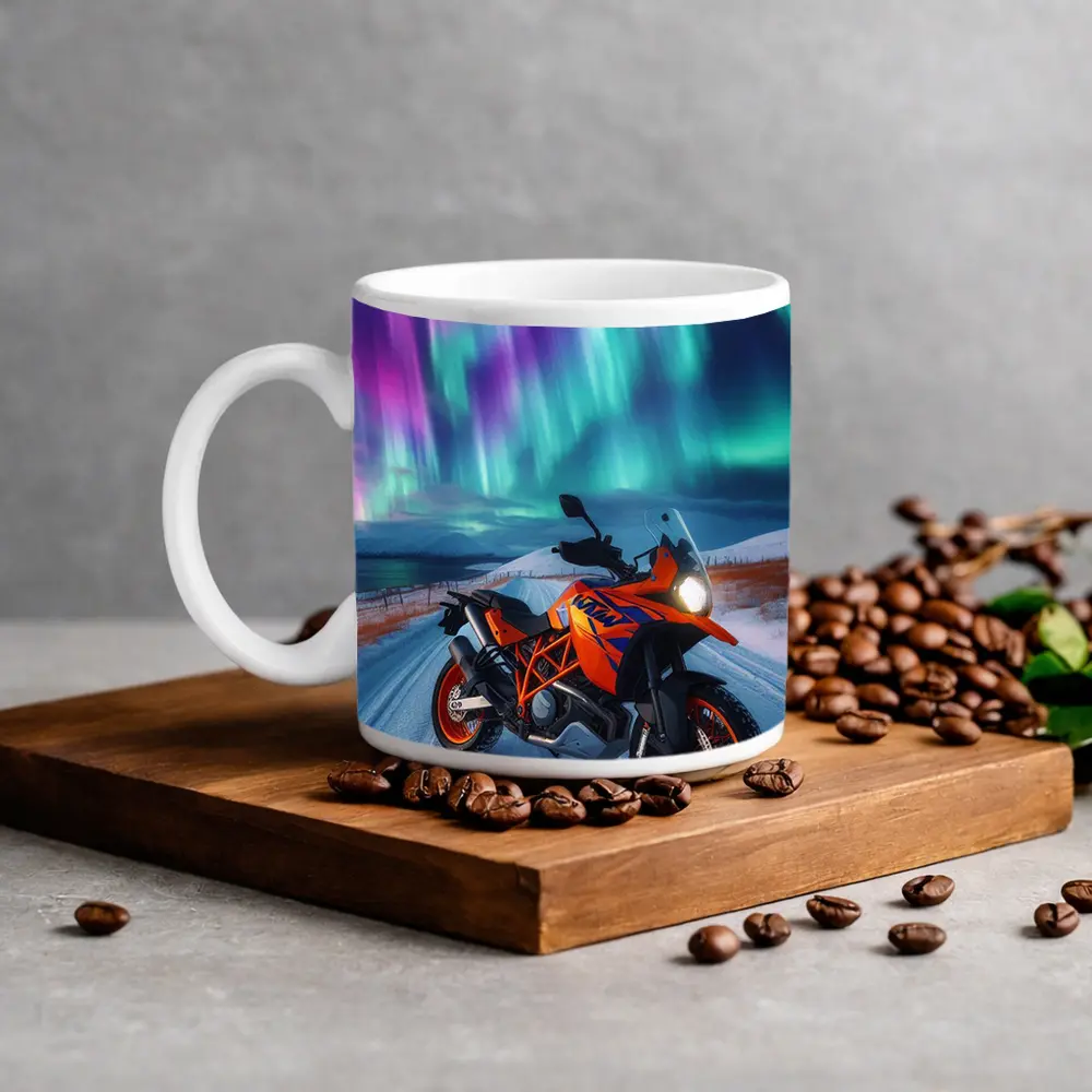 KTM Adventure Motorcycle Under Northern Lights – Mugs