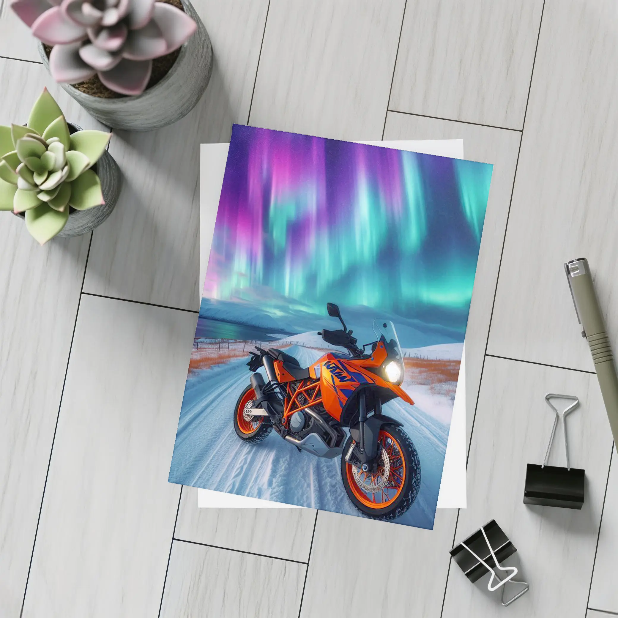 KTM Adventure Motorcycle Under Northern Lights – Postcards