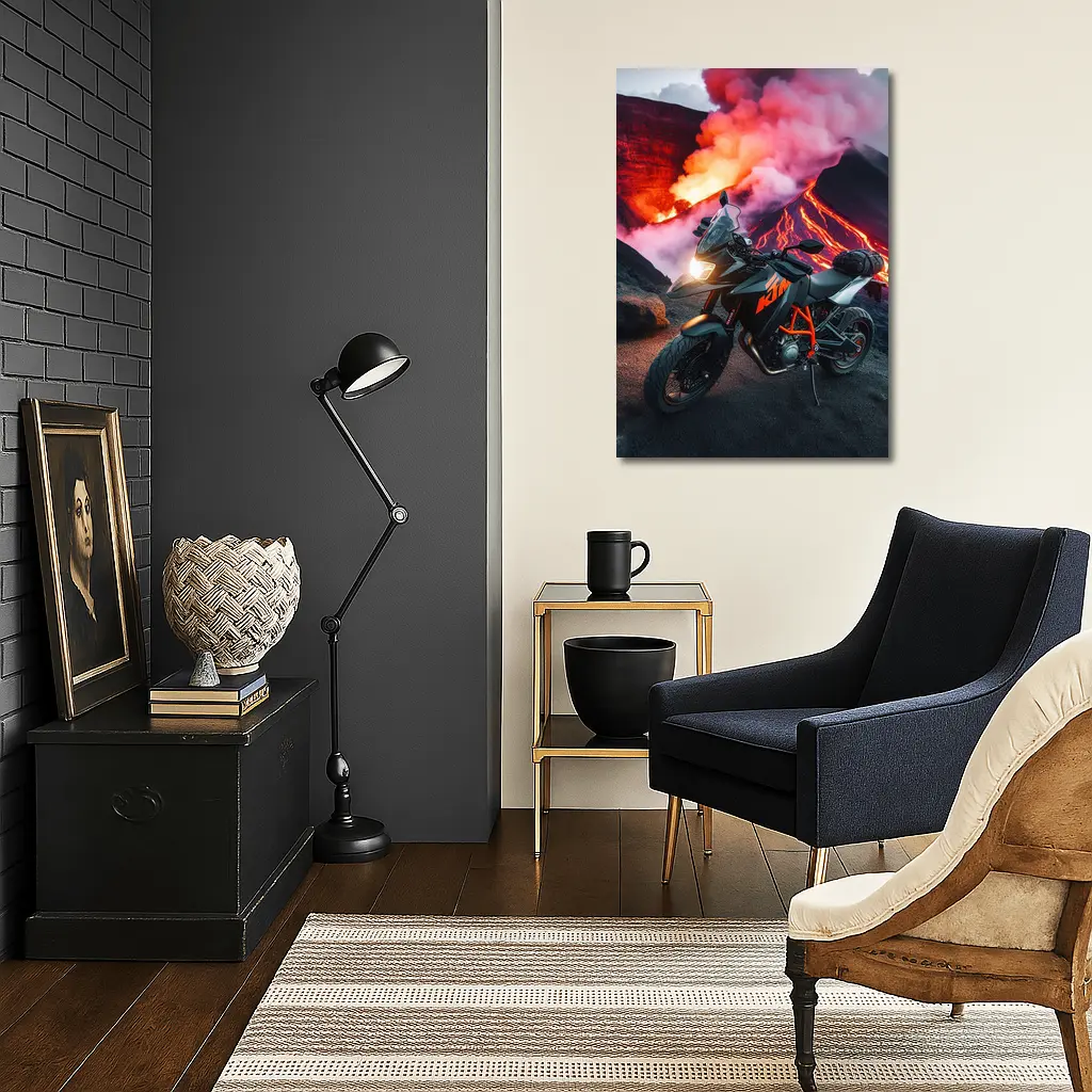 KTM Motorcycle Parked Near Erupting Volcano – Wall Art