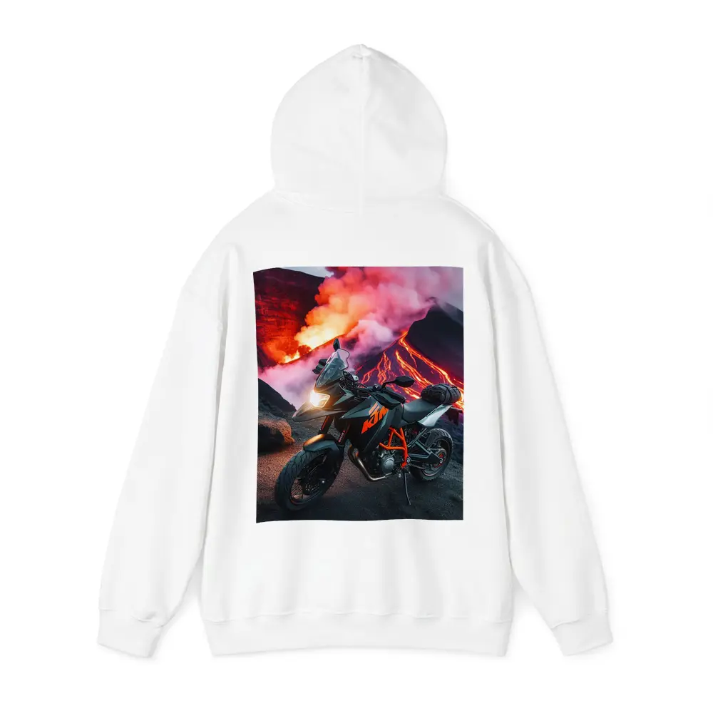 KTM Motorcycle Parked Near Erupting Volcano – Hoodies