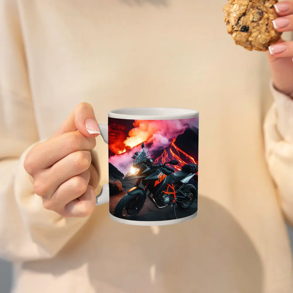 KTM Motorcycle Parked Near Erupting Volcano – Mugs