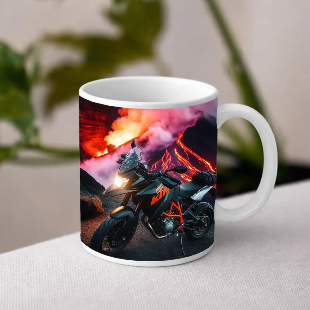 KTM Motorcycle Parked Near Erupting Volcano – Mugs