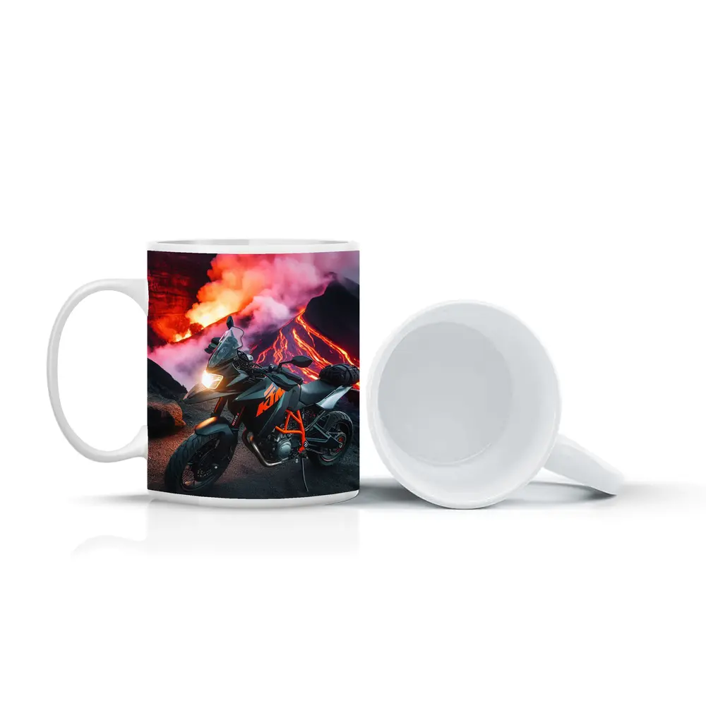 KTM Motorcycle Parked Near Erupting Volcano – Mugs