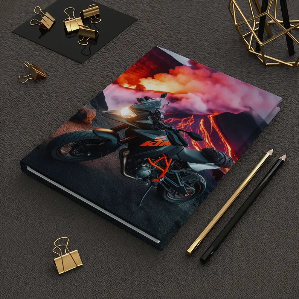 KTM Motorcycle Parked Near Erupting Volcano – Notebooks