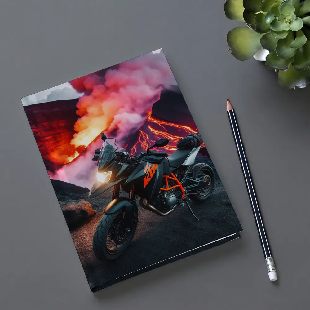 KTM Motorcycle Parked Near Erupting Volcano – Notebooks