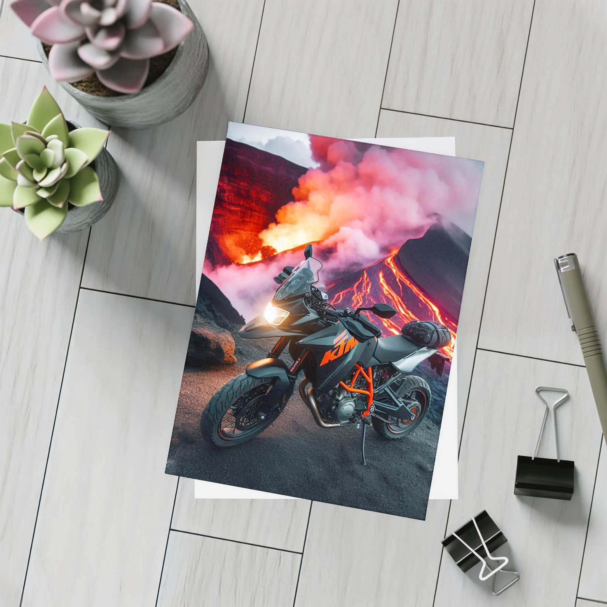 KTM Motorcycle Parked Near Erupting Volcano – Postcards