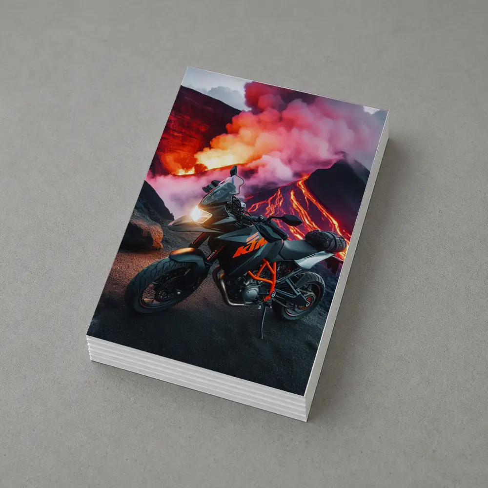 KTM Motorcycle Parked Near Erupting Volcano – Postcards