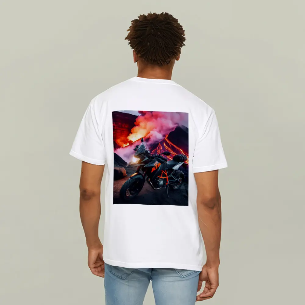 KTM Motorcycle Parked Near Erupting Volcano – T-Shirts