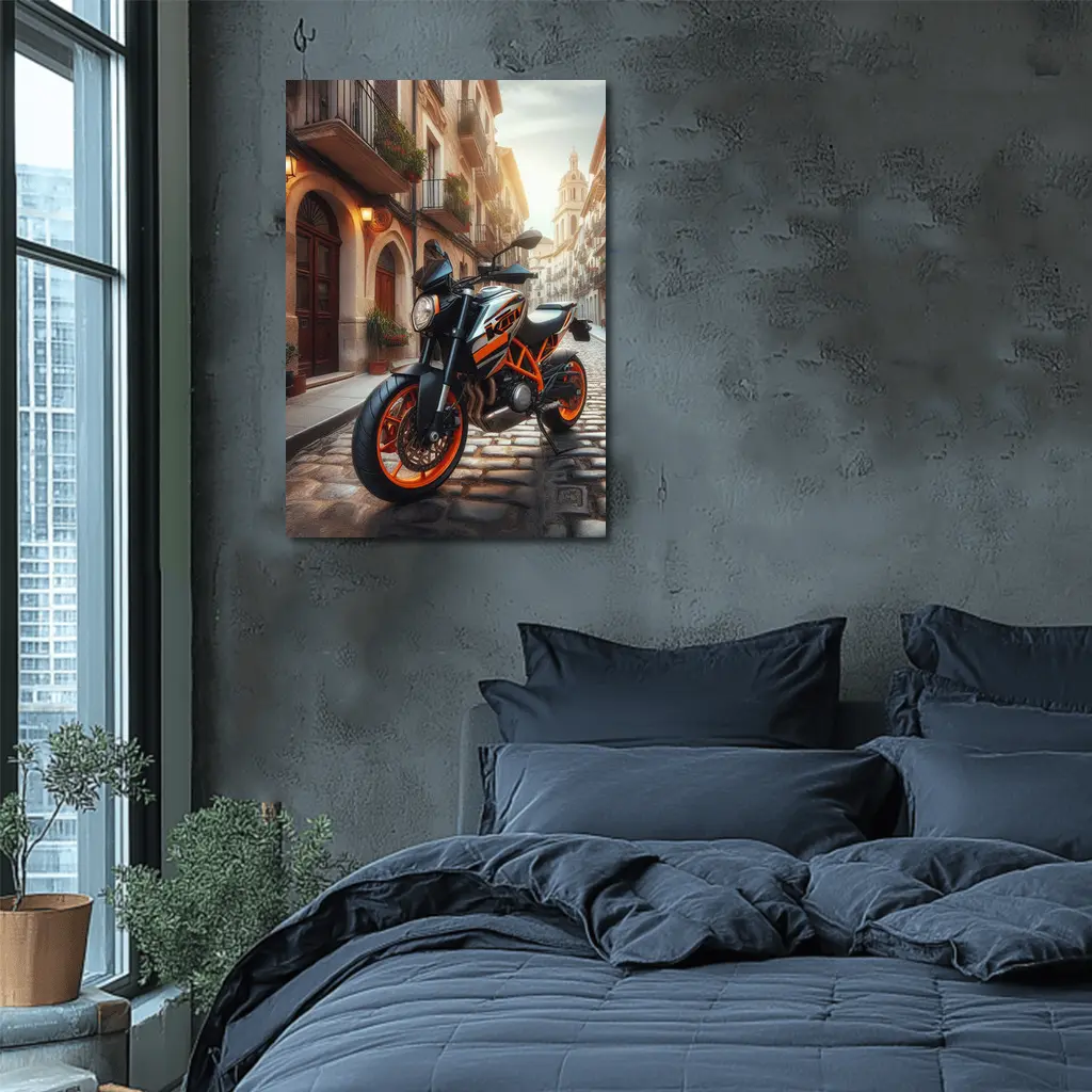 KTM Naked Bike on Cobblestone European Street – Wall Art