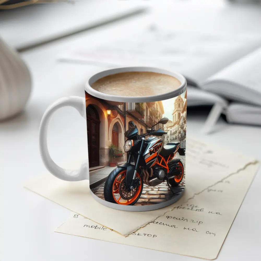 KTM Naked Bike on Cobblestone European Street – Mugs