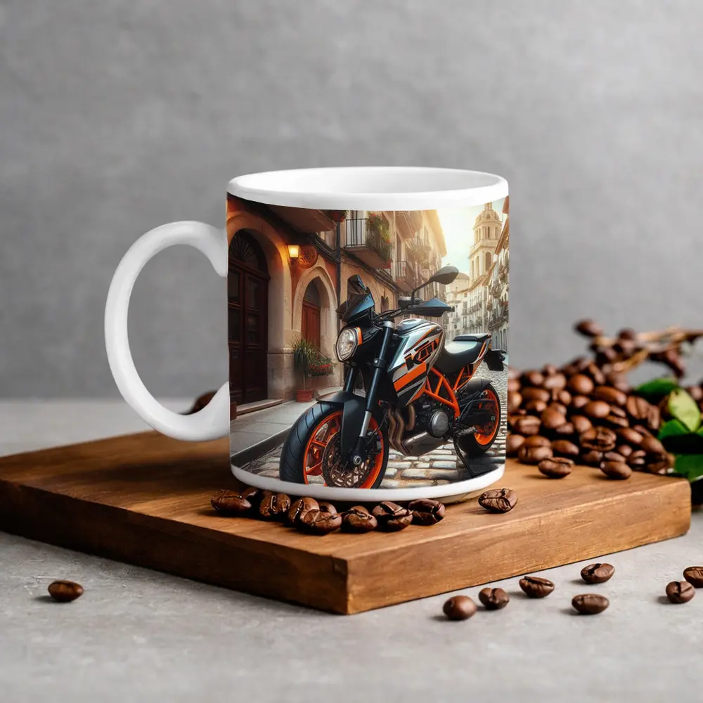 KTM Naked Bike on Cobblestone European Street – Mugs