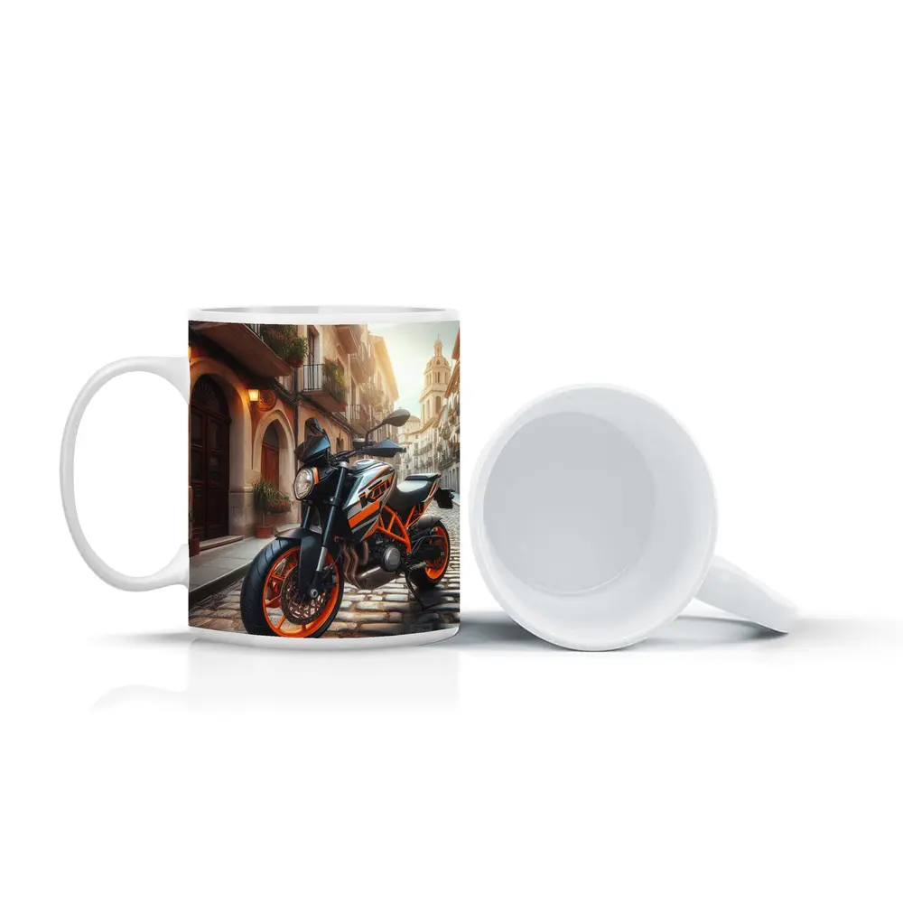 KTM Naked Bike on Cobblestone European Street – Mugs
