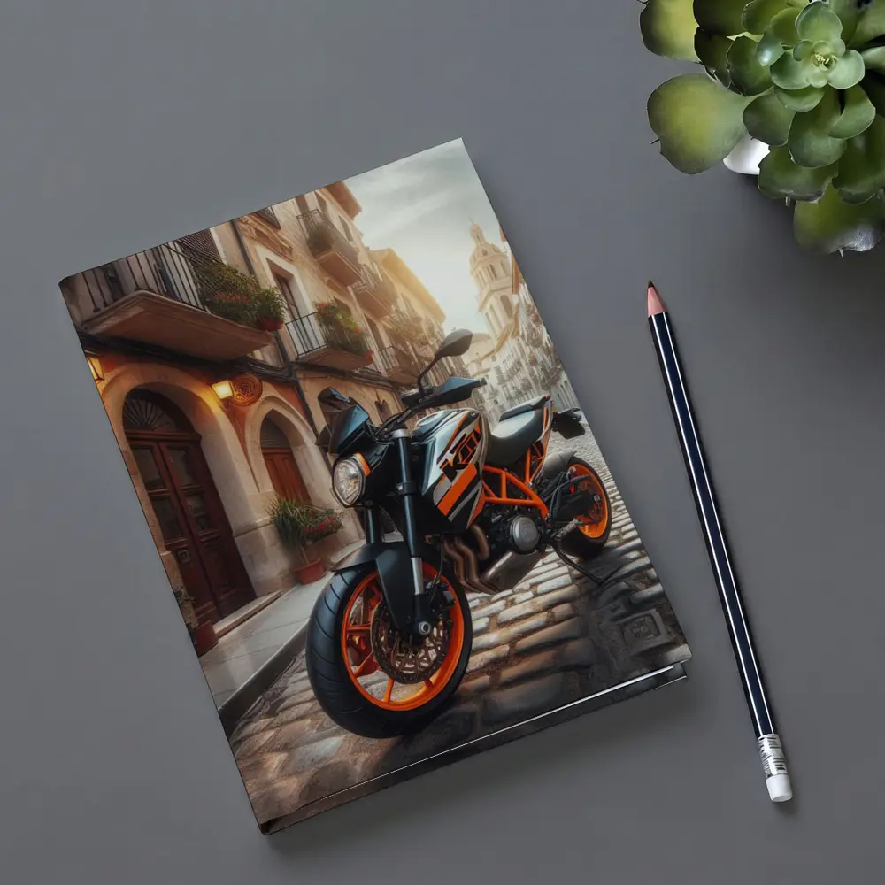 KTM Naked Bike on Cobblestone European Street – Notebooks
