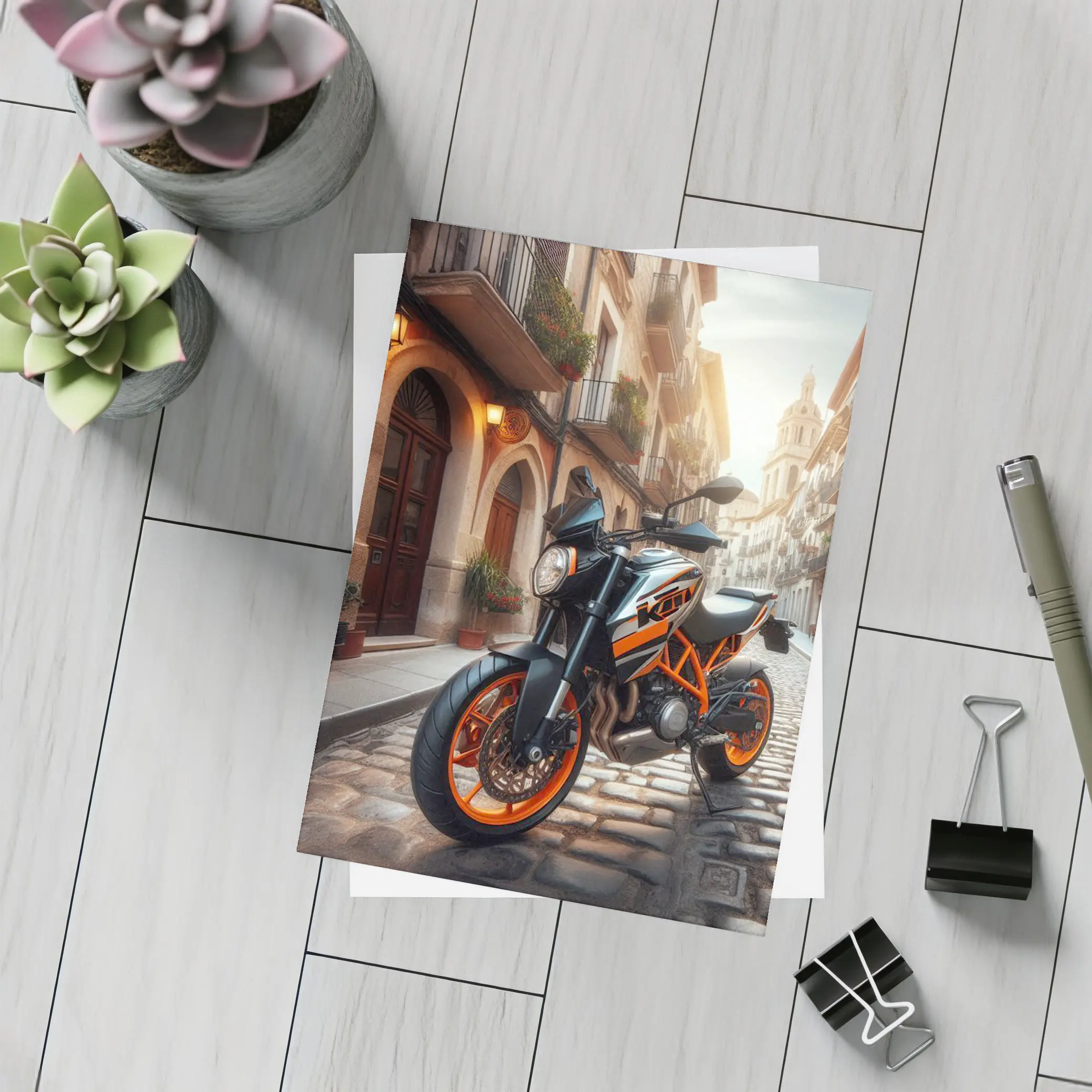 KTM Naked Bike on Cobblestone European Street – Postcards
