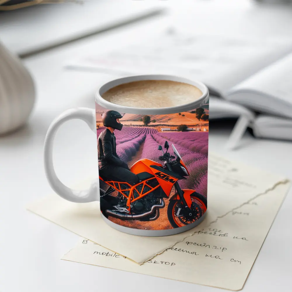 KTM Motorcycle Rider Lavender Fields Background – Mugs