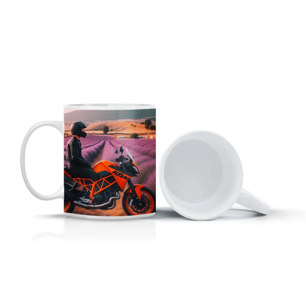 KTM Motorcycle Rider Lavender Fields Background – Mugs