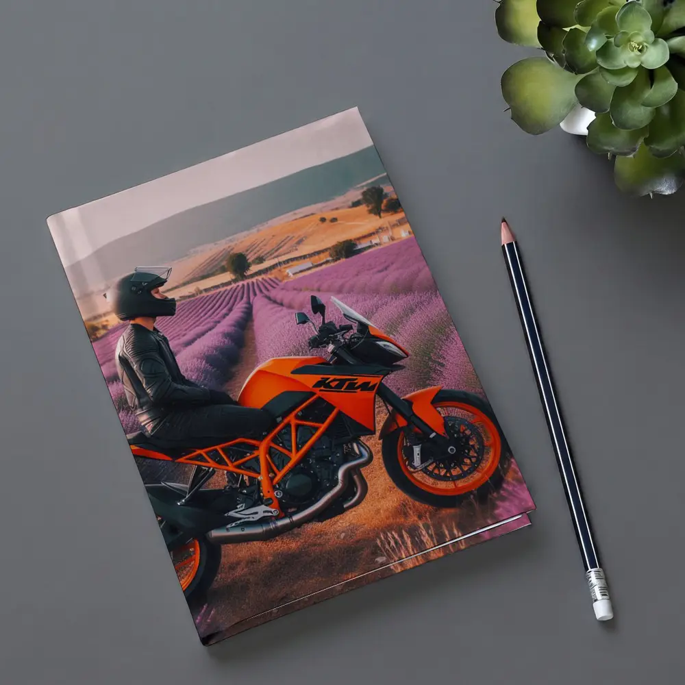 KTM Motorcycle Rider Lavender Fields Background – Notebooks