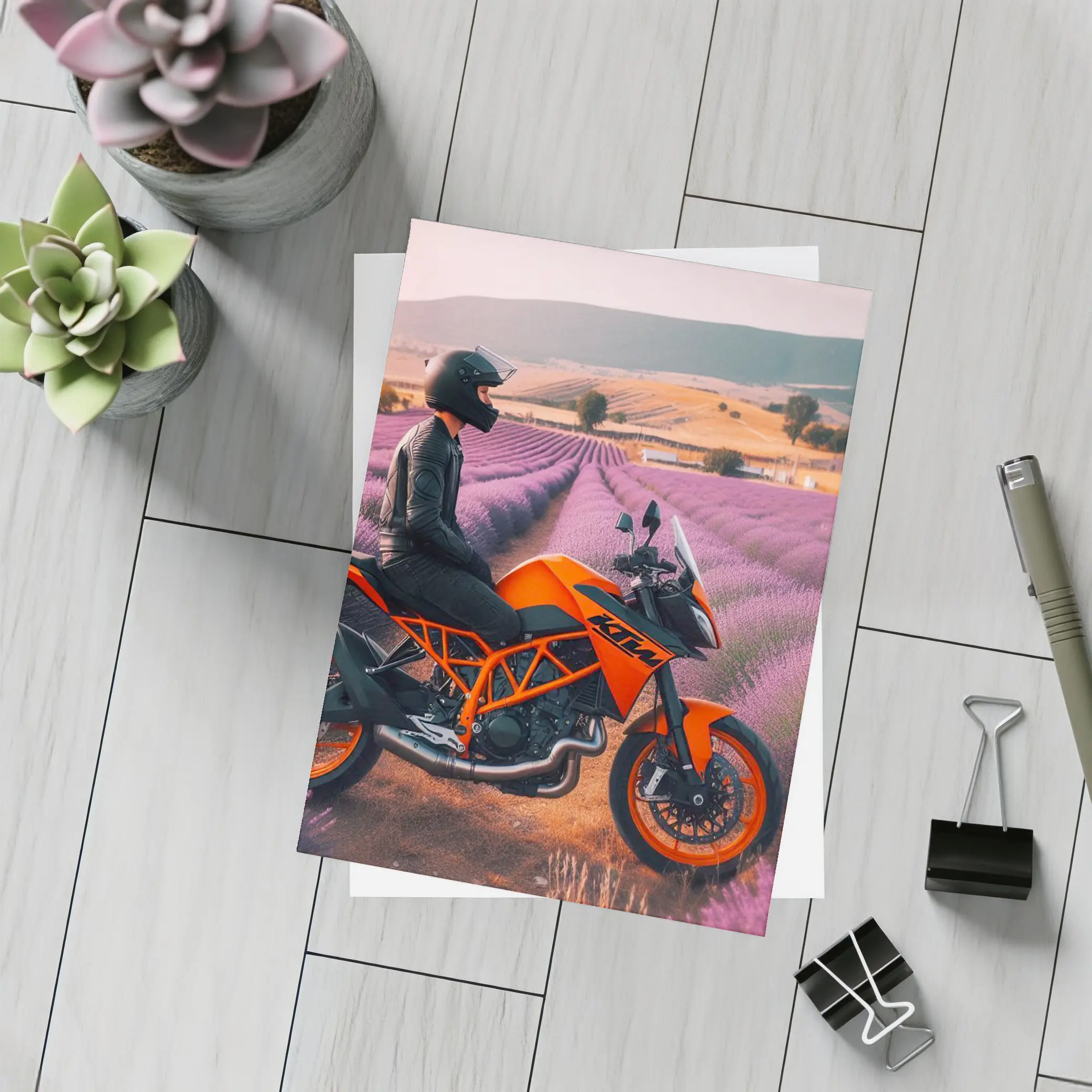 KTM Motorcycle Rider Lavender Fields Background – Postcards